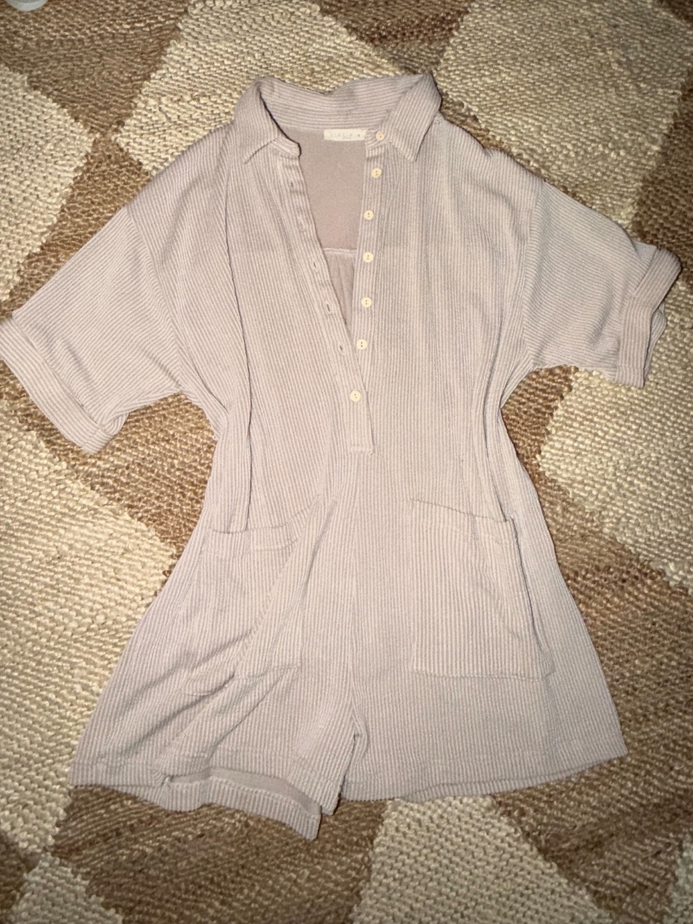 Neutral Ribbed Utility Romper | Small | Beige Collared Button Front - Picture 2 of 4
